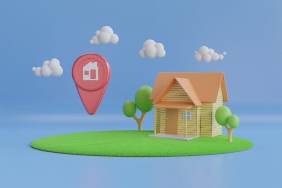 3D Simple House with Location Pin Icon: A Versatile Design for Digital and Physical Applications