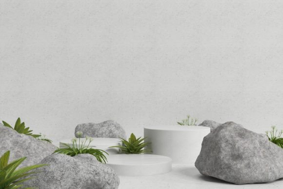 Podium with Gray Rock and Plants