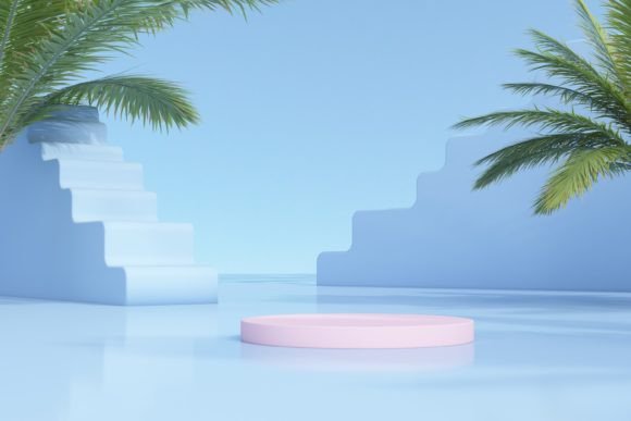 Podium with Tropical Trees a Blue-pink
