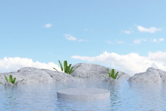 Product Podium on the Water Reflection and Podium with Stones: Realistic 3D Design for Creative Displays